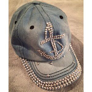 Denim Blue Jean Silver Rhinestone Anchor Women's Baseball Hat Nautical Cap Bling